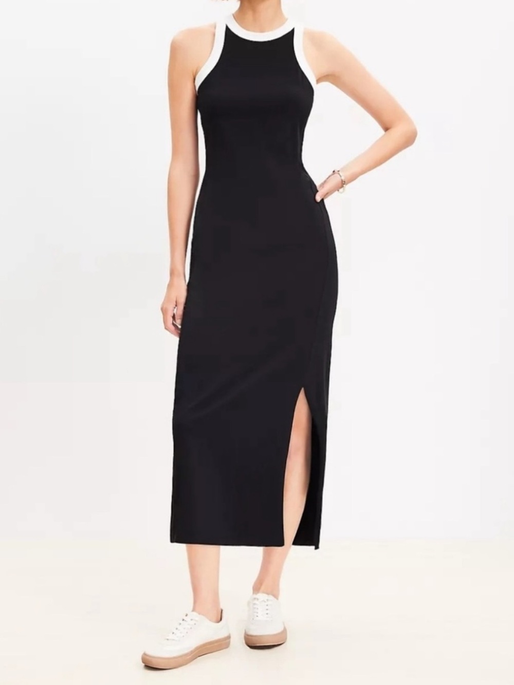 LOFT Black Racerback Midi Dress with White Trim Stretchy Bodycon XXL
